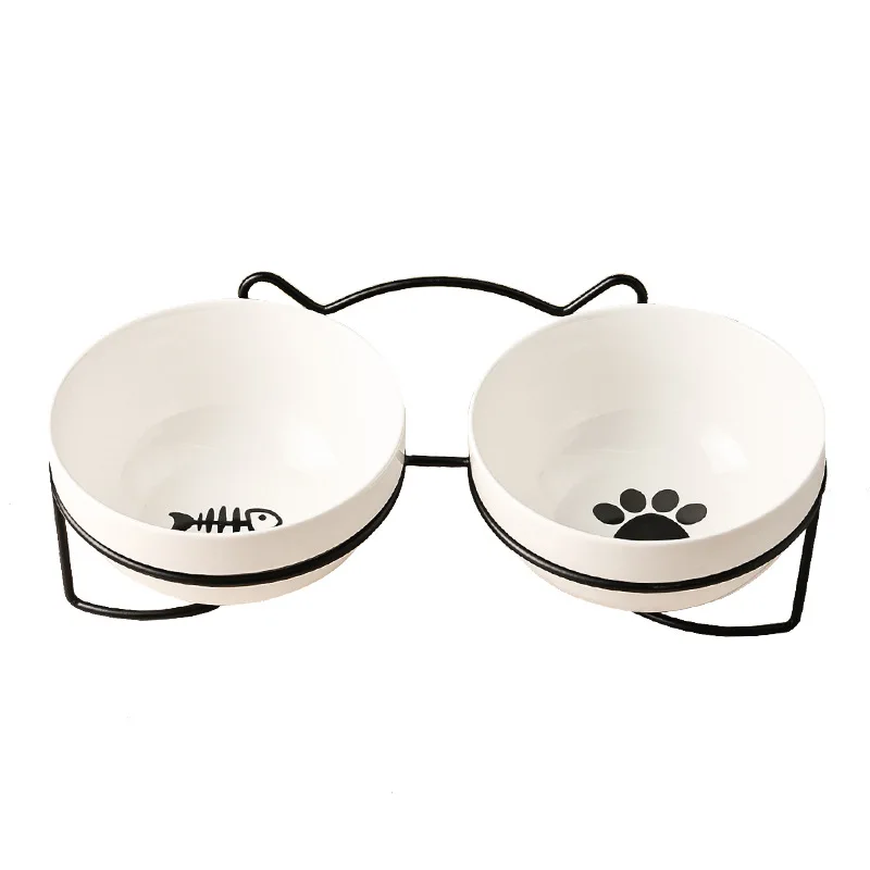 Manufacturer New Design Pet Bowl Protect The Spine Cute Cat Footprint Ceramic Cat Food Double Bowl