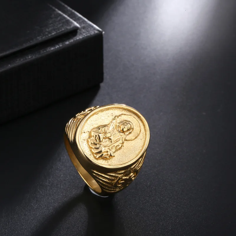 
2020 Hot selling Bible Virgin Mary Catholic Christian Jesus Titanium stainless steel rings gold plated religious men jewelry 