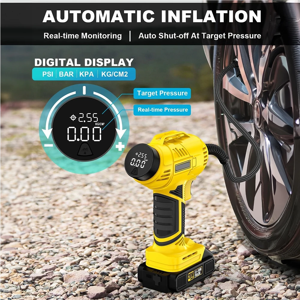 Dual Power Rechargeable Digital Air Pump with with Battery Level Display Bike Tire Inflator Car Air Compressor