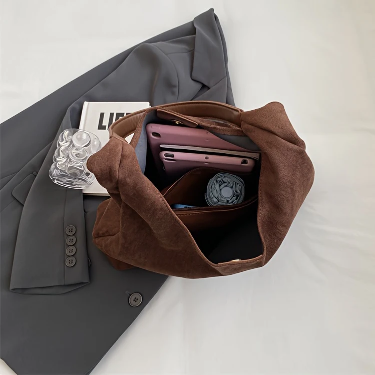 Luxury Daily Vintage Leather Suede Hobo Tote Bags Set Soft Large Women Brown Suede Shoulder Handbag Purse