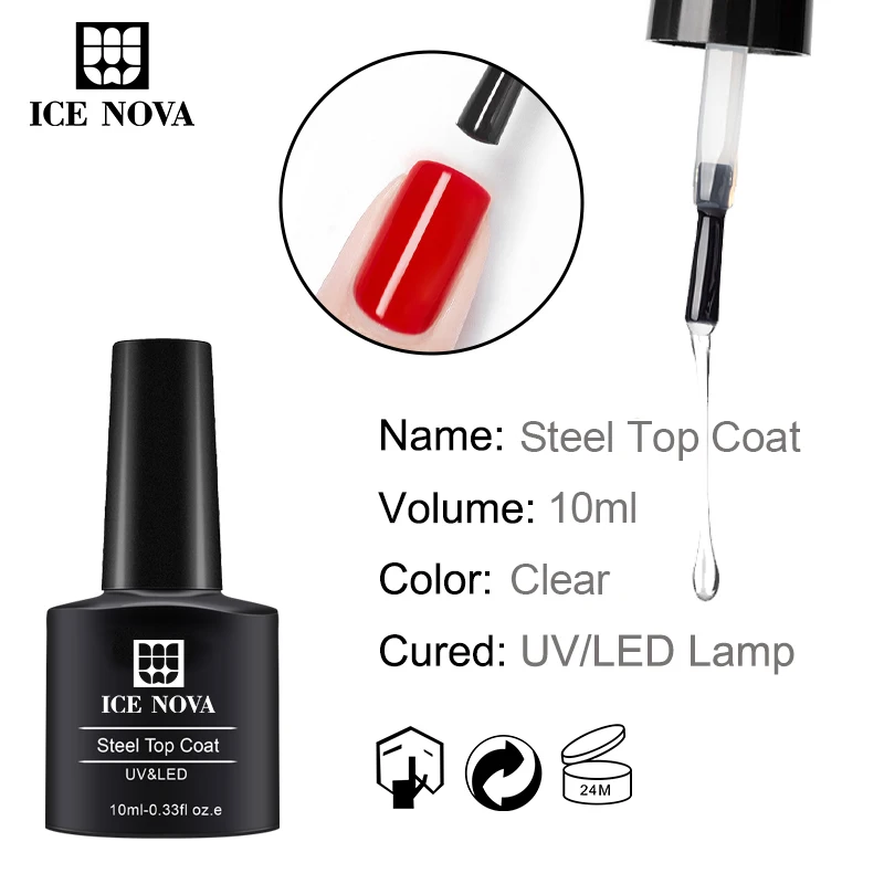ICE NOVA Nails Factory Wholesale No Wipe Stainless Steel Top Coat For Gel Nail Polish Uv Gel Top Coat