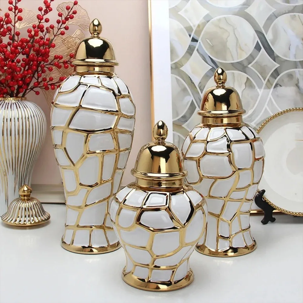 Luxury Geometric Electroplated Ginger Jars Tall Storage Tanks Flower Ceramic Vases For Home Decor Ornament OEM ODM