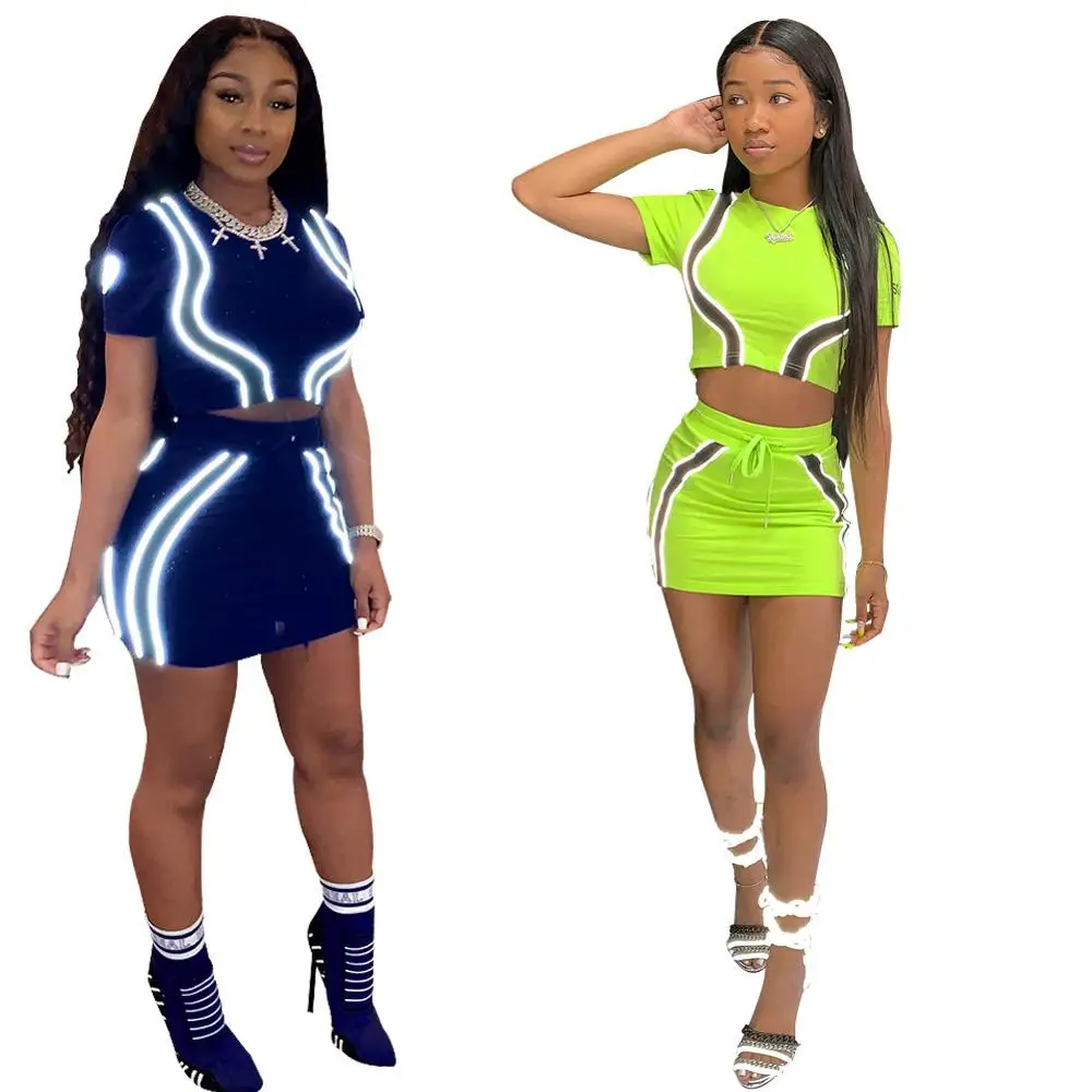 Women Bodycon Sexy Casual Dress Women Two Piece Set Clothing 2 Piece Sets Outfits  Lady Elegant Neon Reflective Clothing Dresses
