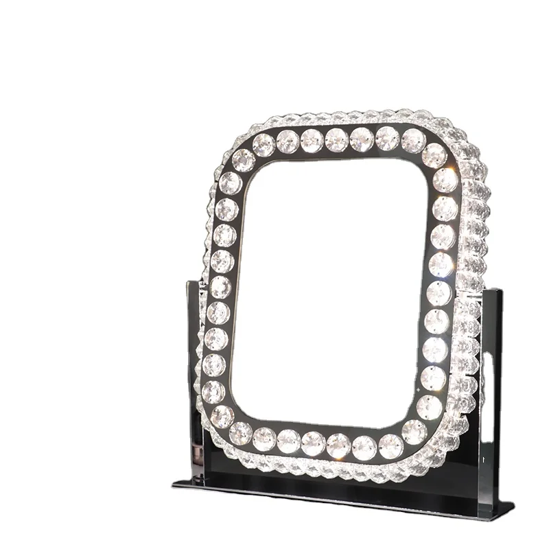 2024 New Trendy Desktop Beauty Square Shape Frame Glass Mirrored Diamond Crystal Makeup Mirror With Led