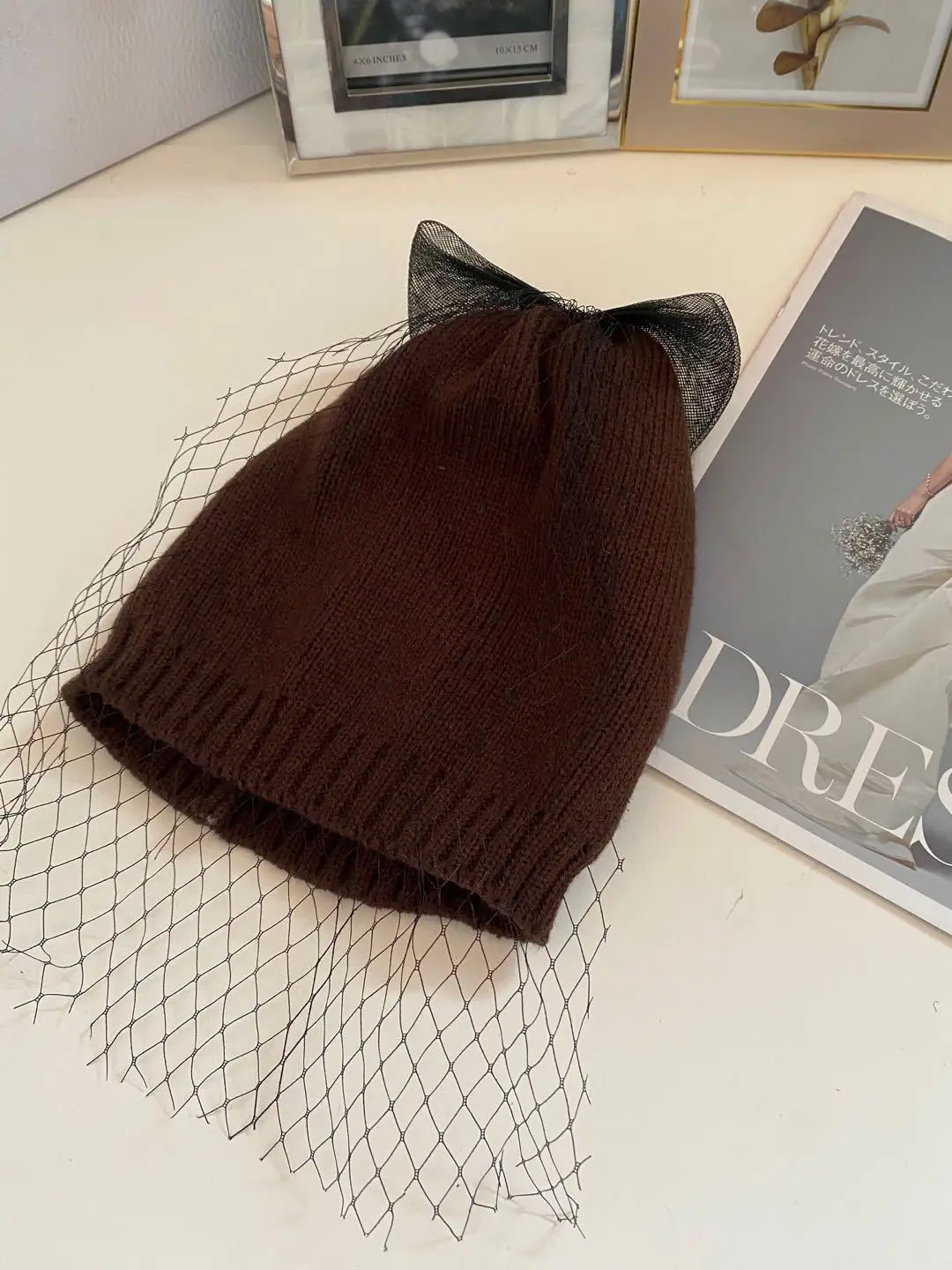 fashion womans beanie winter hats Chunky Stretch Knitted Beanie Hat Skull Thick Ski hat with bowknot & mesh veil