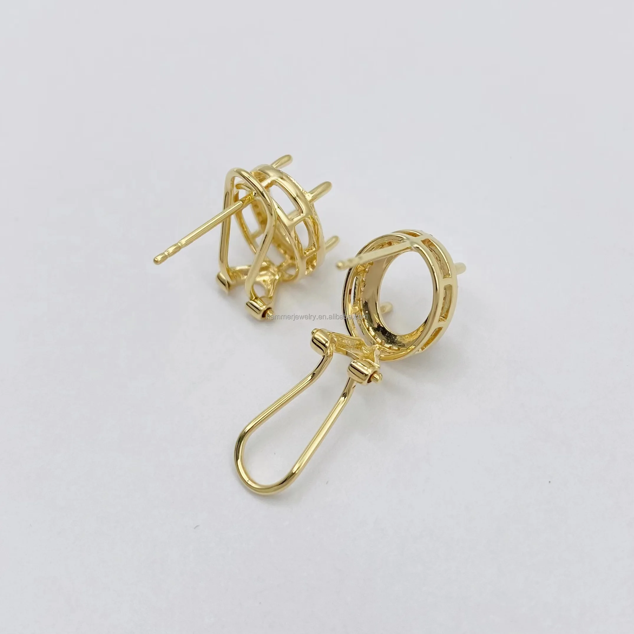 Professional Custom 14k Solid Gold Inlay Diamond Stud Oval Stone Earrings Semi Mounting Settings For Jewelry Making