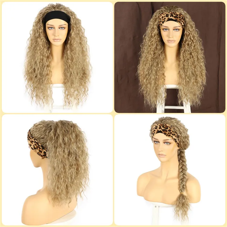 BeautyTown #1624 Afro Women Long Honey Blonde Kinky Curly Headband Synthetic Wig Heat Resistant Wigs for Daily Party Use