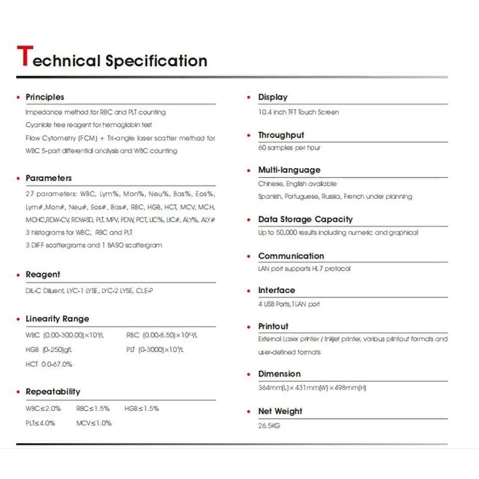 DF51 10.4 Inch Small Blood Cell Counter Dual channel 5-Part Intelligent Automated Hematology