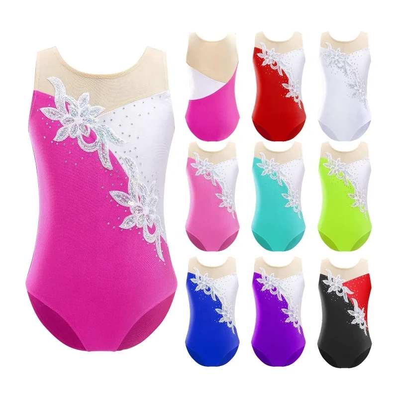4-16 Kids Sleeveless Sequins Diamonds Leotard Ballet Dance Skating Jumpsuit Girls Stage Dance Wear Gymnastics Clothing