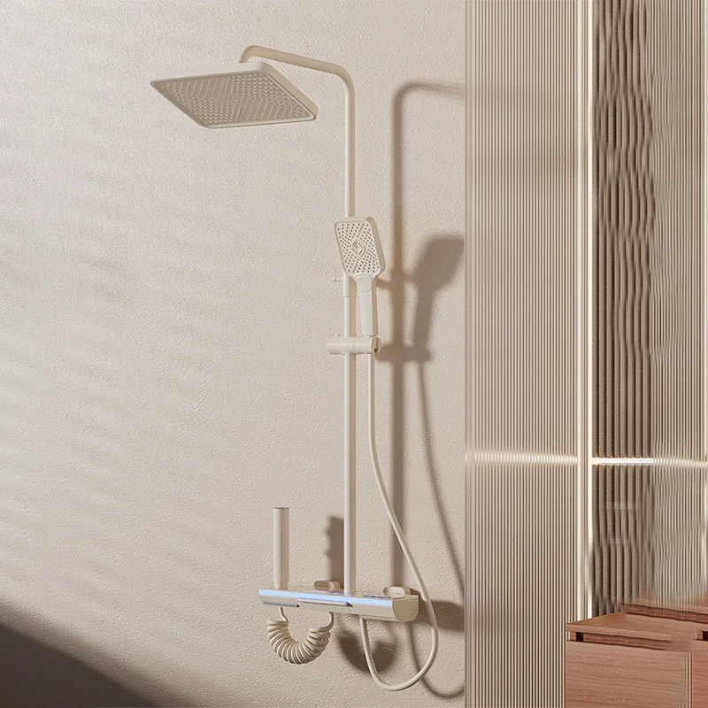 New Milky white Piano Key Copper Exposed Shower Mixer Led Temperature Digital Display Shower Set Bathroom