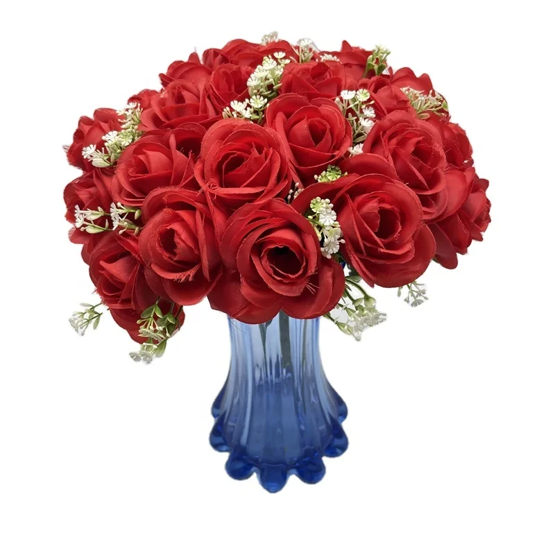 BS0103 Home Flower Arrangement Desktop Decoration 18 Head Red Rose Gypsophila Bridal Wedding Flower Artificial Bouquet