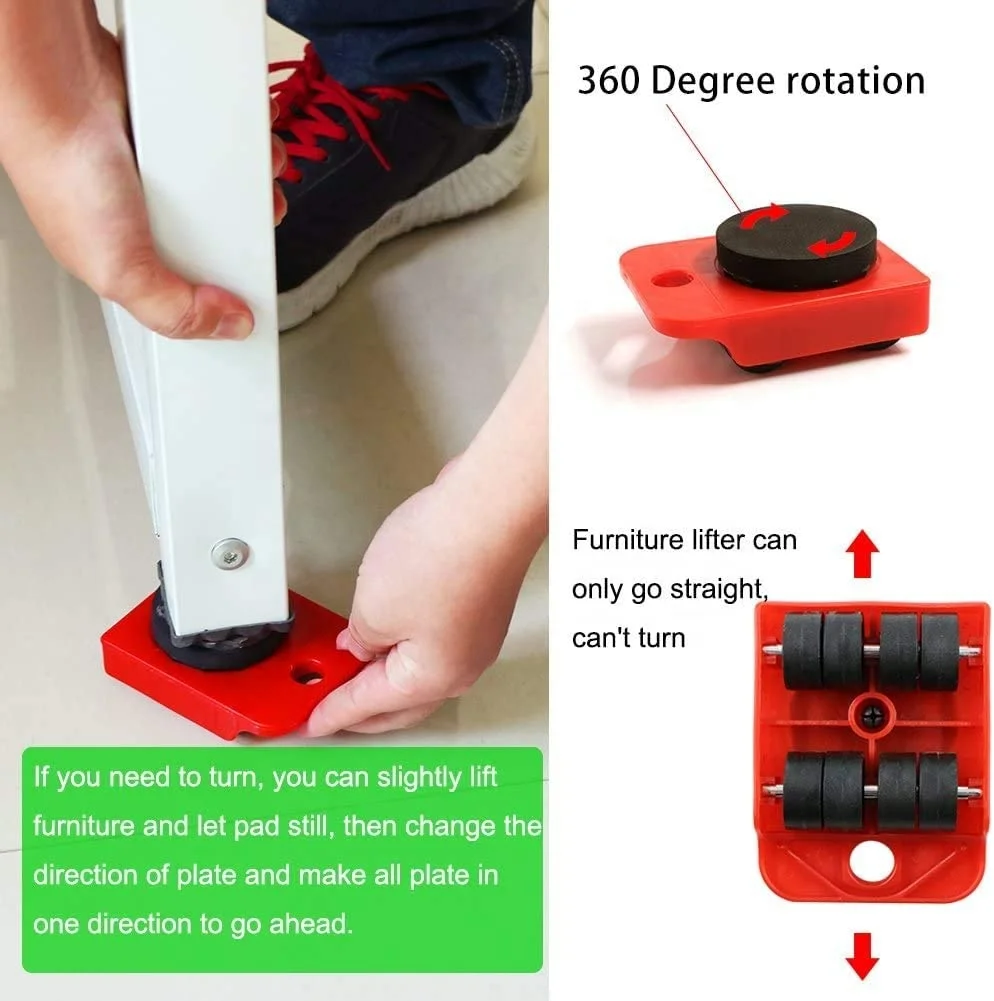 5 Set Furniture Lifter Tool Heavy Duty Furniting Moving System Appliance Mover Kit on Carpet Roller Move Leverage Tools with Pad