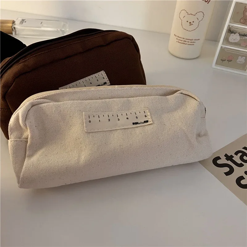 Simple Casual Ruler Solid Color Pen Bag Kids School Pencil Bag Wholesale Gift Cheap Small Students Canvas Stationery Storage Bag