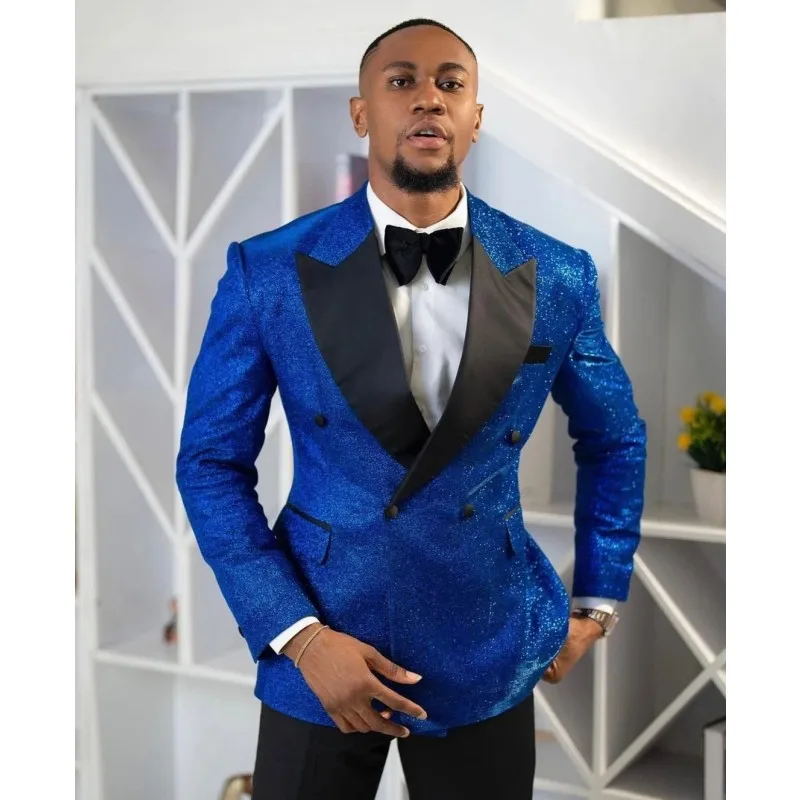 Royal Blue Sequined Men Wedding Tuxedos Suits Costume Homme Marriage Slim Fit Outfit Party Prom Peaked Lapel Blazer Wear 2 Piece