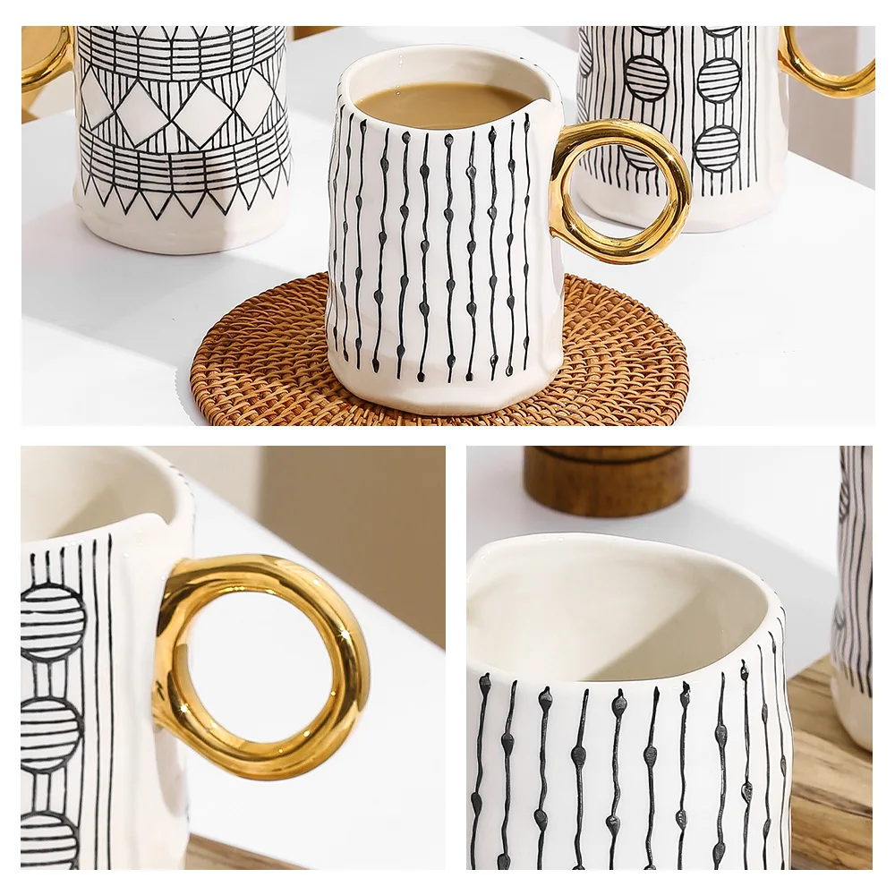 20 oz Tazza Wholesale Luxury Nordic Style Porcelain Custom Latte Ceramic Coffee Mugs Cups with Gold Handle