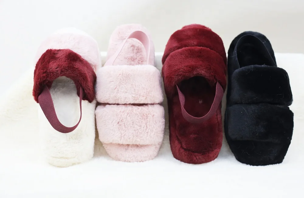 High heel Open toe Wedge Faux Fur Indoor House Fluffy Furry YEAH Sheepskin Slippers for women