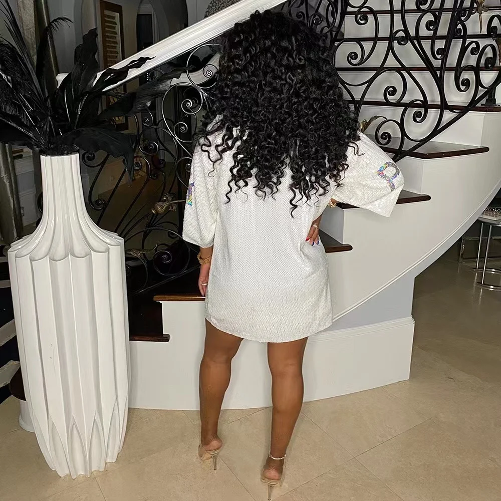 Wholesale Shiny New Casual Shirt Dress Sparkle Sequin Glitter Letter Style Party Outfits Casual Women Dress Night Club Dress