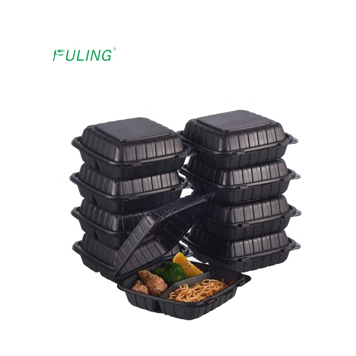 Natural Mineral Filled pp Food Container Take Away Food Boxes Bio 3 Compartment Lid Hinged Fast Food Container