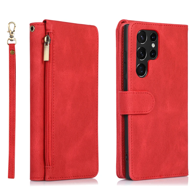 Pu Leather Wallet Flip Cover Leather Phone Case Ziplock Bag  For Samsung S22 Ultra A Aeries