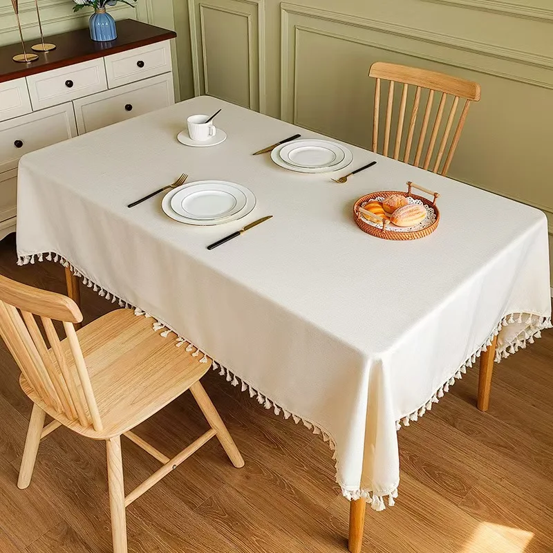 Cotton linen waterproof and oil-proof luxury atmosphere solid color tassel simple tablecloth