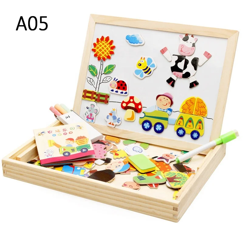 Kids Double Sided Toddler Easel Educational Toys Wooden Double Side Magnetic Drawing Board Jigsaw Puzzles Black&Whiteboard