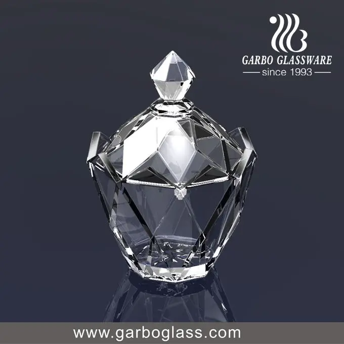 Fancy decorative diamond glass candy jar with lid sugar pot holder