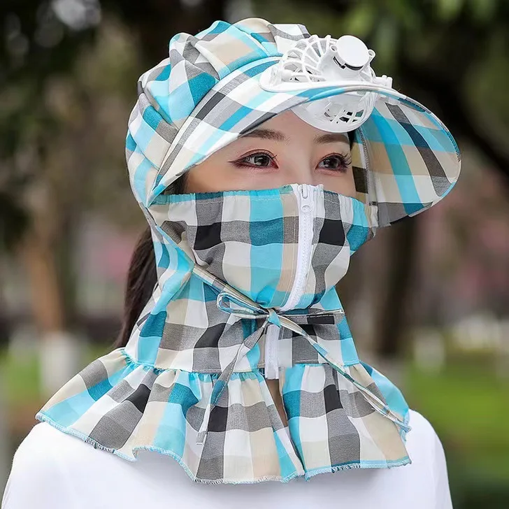 Summer New Design Zipper Fan Cap for Women Face Cover UV Protect Outdoor Cooling Rechargeable Fan Sun Visor Hat