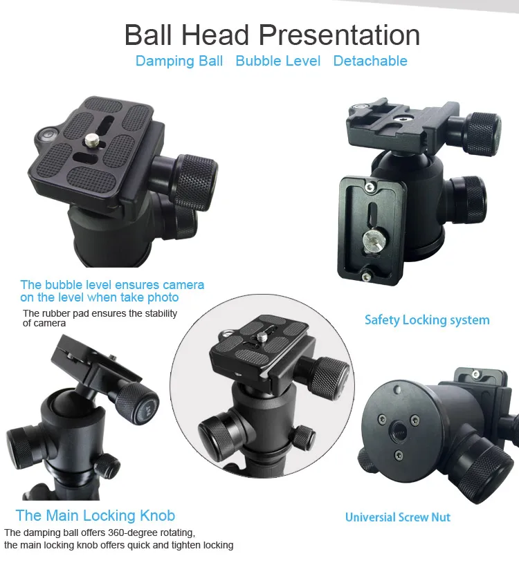 Hot Selling Multiple Function Aluminum Professional Video Camera Tripod with CNC Ball Head Twist-lock for Recording