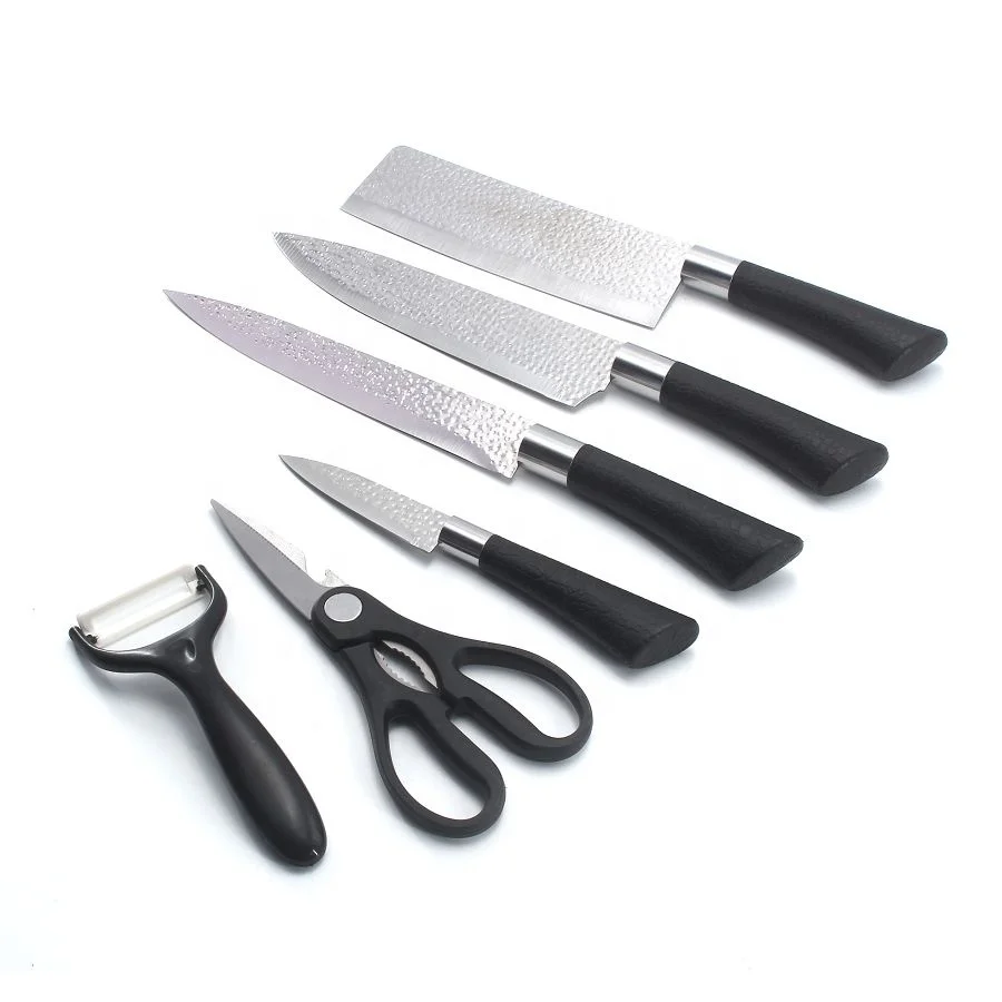 6PCS Professional Stainless Steel Blade Kitchen Knife Set TPR Coating Handle With Kitchen Scissor Vegetable Fruit Peeler