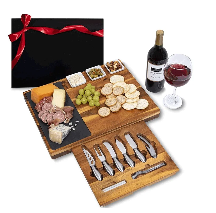 Extra Large Custom Logo Engraved Cheese Board Acacia Wooden Black Slate Cheeseboard Charcuterie Platters and Drawer Knife Set