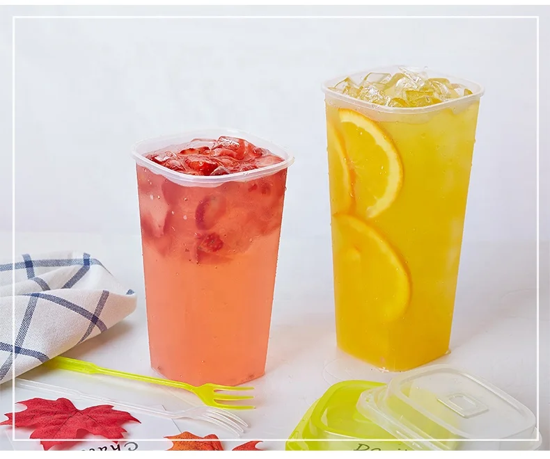 
Disposable fruit cup clear square plastic cups with lid and fork 