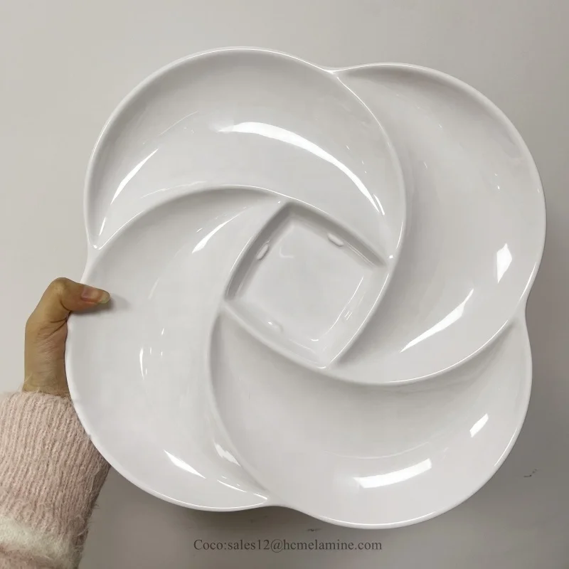 wholesale candy tray unbreakable durable melamine white divided square plate snack fruit 5 compartment plate