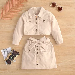 Hot sale American girls Spring and Fall long sleeves lapel jacket 2pcs + bow A- line short skirt suit