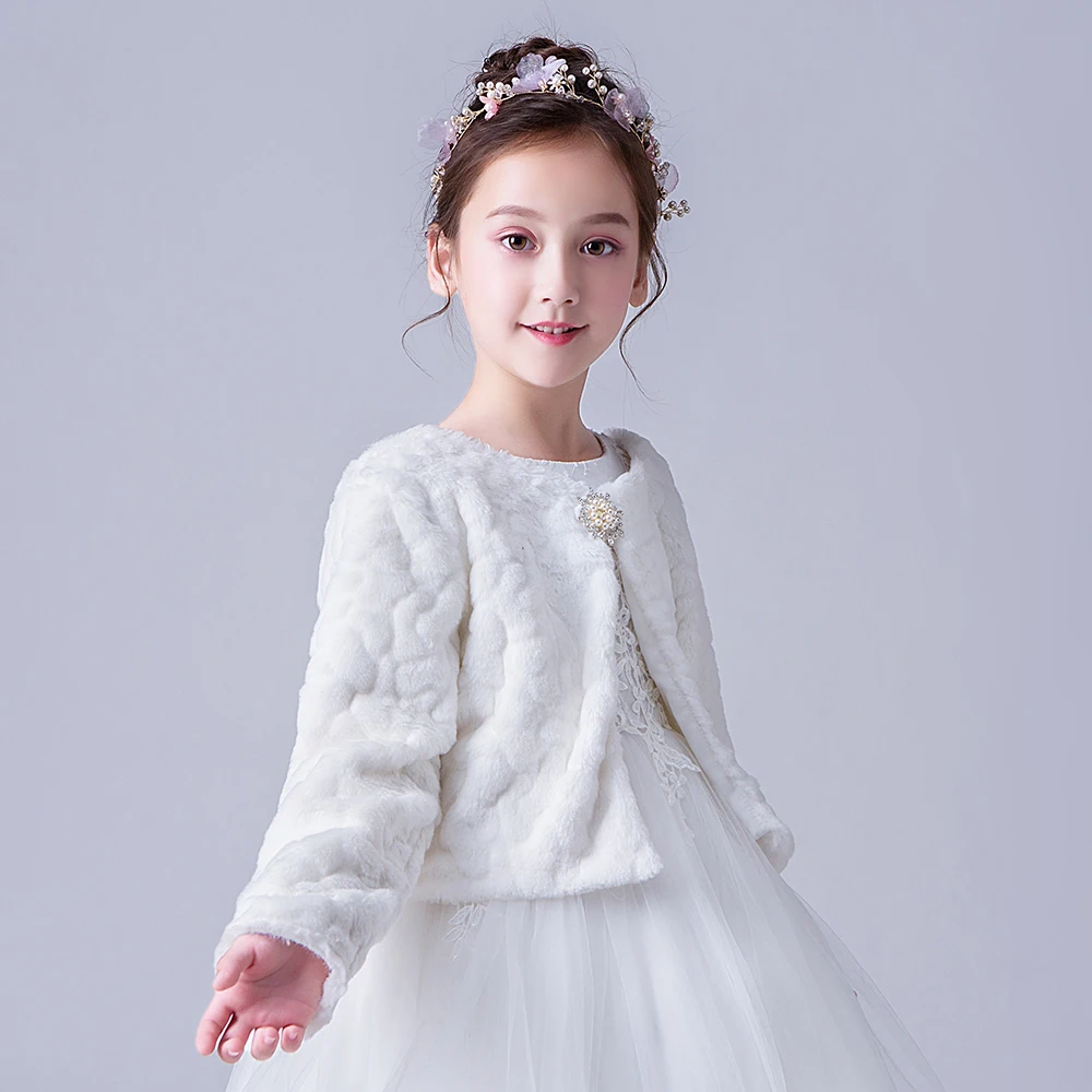 Girls Long Sleeve Jacket Autumn Winter Children White Bow Fur Elegant Fashion Baby Girls Formal Soft Party Coat Kids Cape