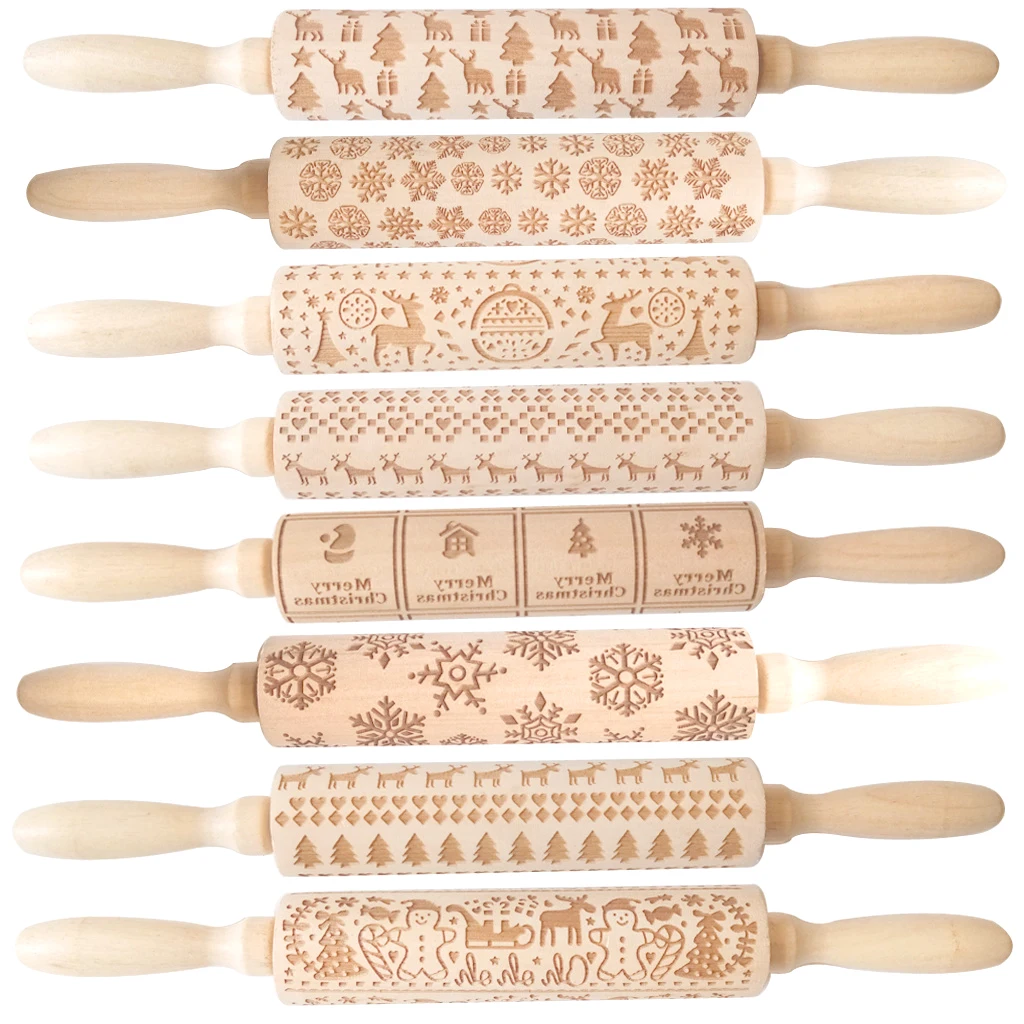 Christmas Holiday Bakeware Baking Embossed Rolling Pin Natural Wood Cookies Cake Tool Clear Deep 3D Engaved Pattern Rolling Pin