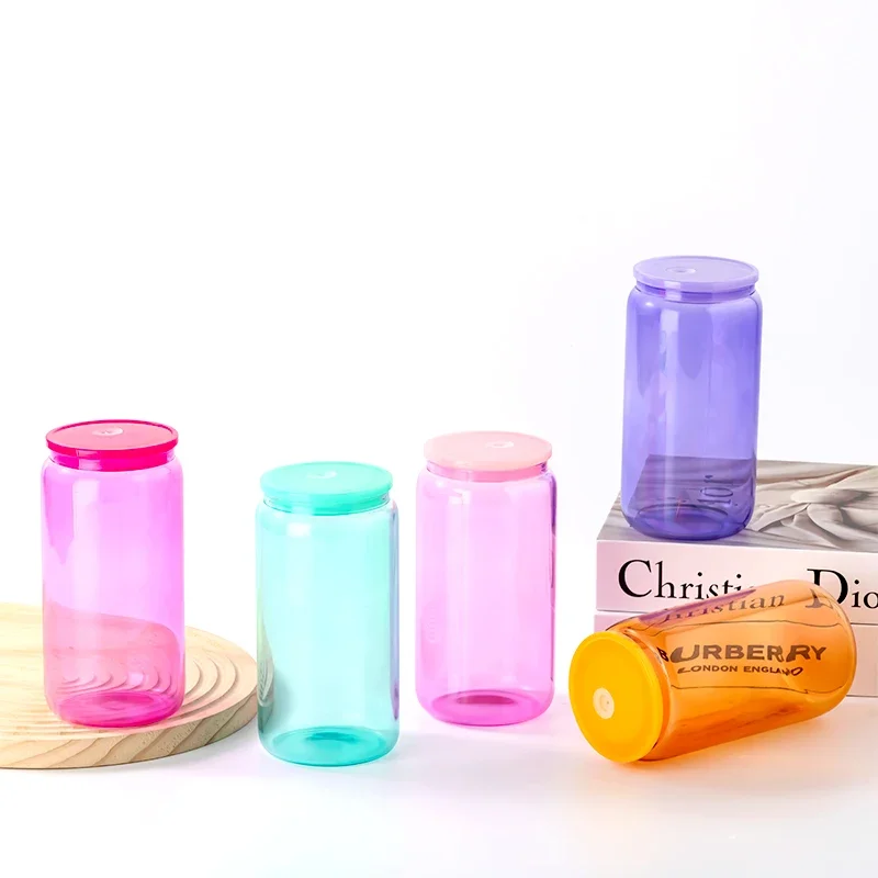 USA Warehouse stocked 16oz Clear Frosted Sublimation Blanks Transparent Candy Jelly Beer Glass Can Colored Cups MUG PRINT with P