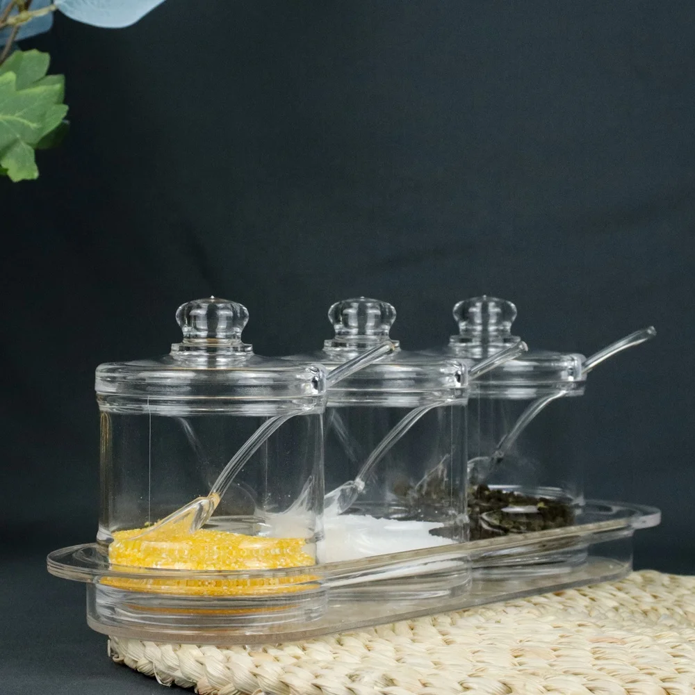 3-piece Set Seasoning Box, Clear Acrylic Spice Pots Storage Container Jars With Spoons and tray