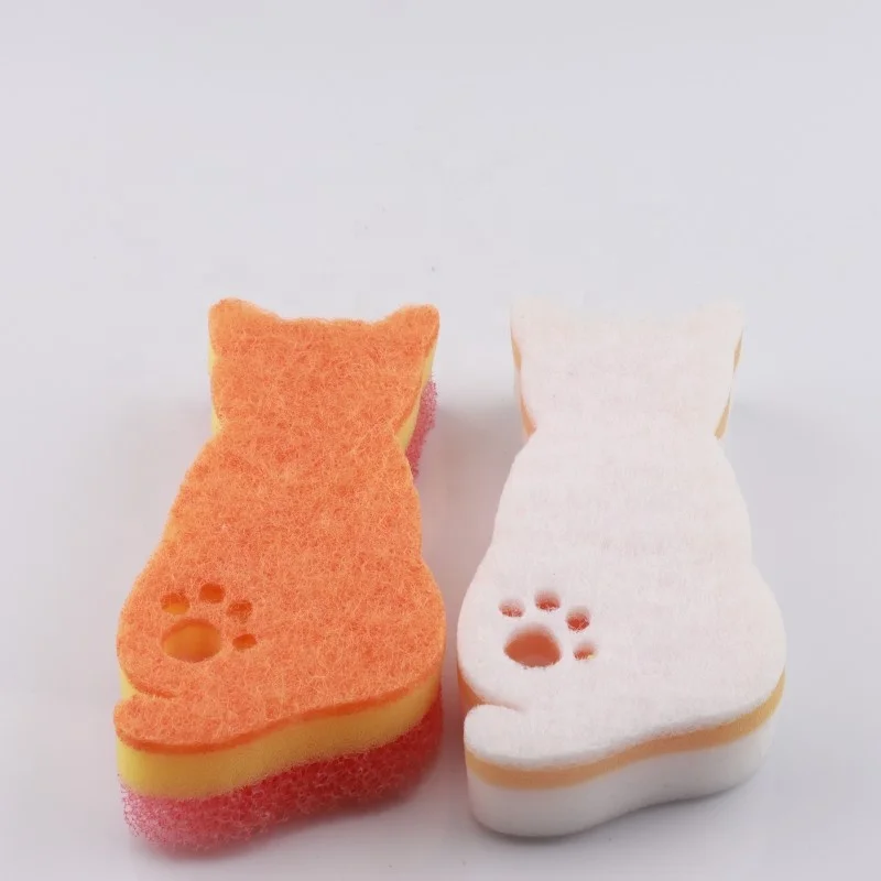 Wholesale custom home kitchen clean dishwashing sponge filter cotton three layer composite sponge heavy duty sponge cartoon cat