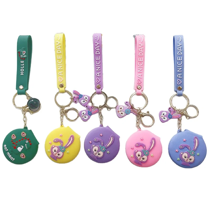 Creative Cartoon Pvc Panda Dinosaur Rabbit Unicorn Cosmetic Key Chain Girl Small Gift Make-Up Round Mirror Pendant Keychain