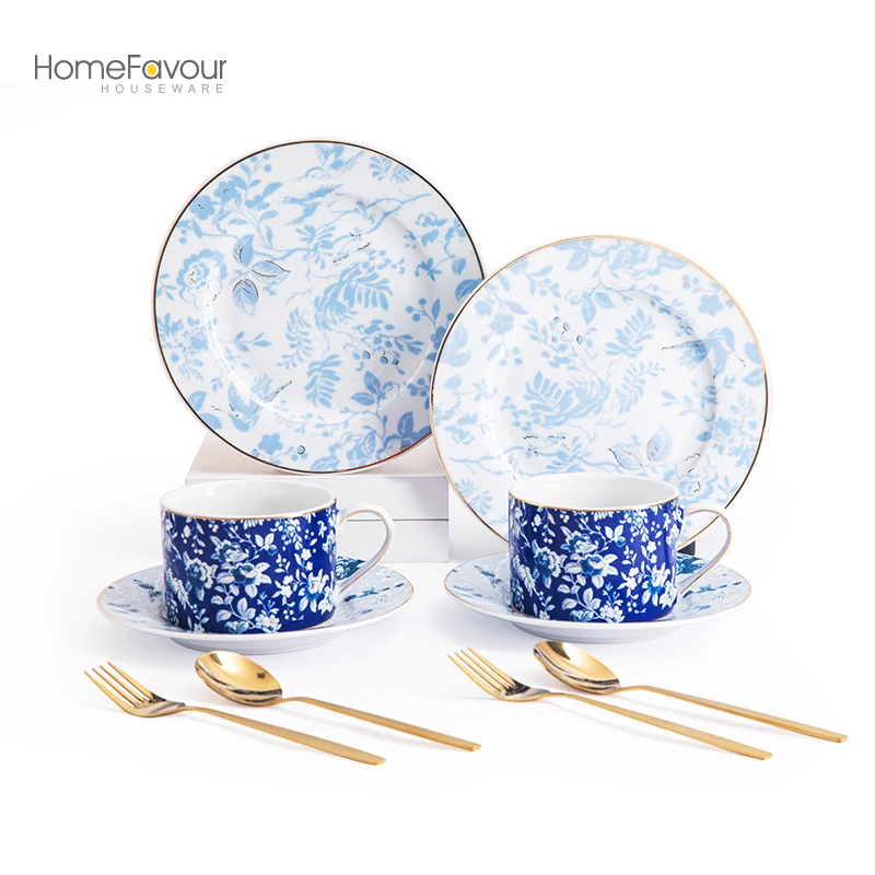 Royal Tea Cup Plates White Blue Flowers with Gold Trim Gift Box, British Coffee Cups, Blue and White Porcelain Cup Set