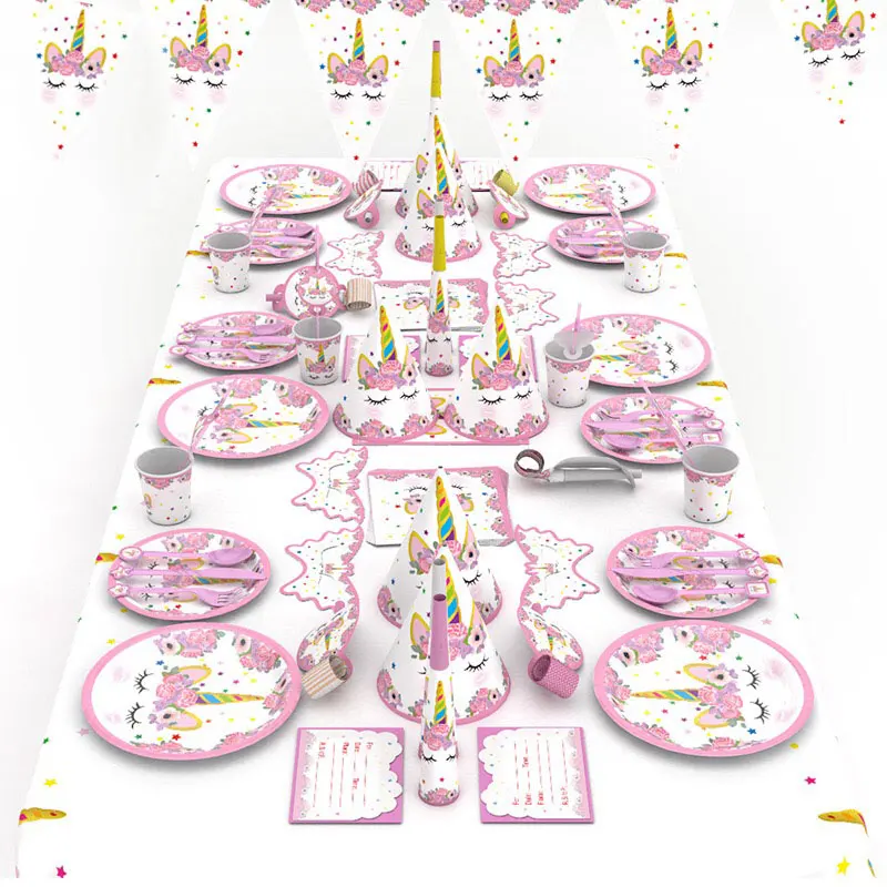 
Custom Kids Unicorn Party Tableware Sets Disposable Wholesale Birthday Party Supplies 