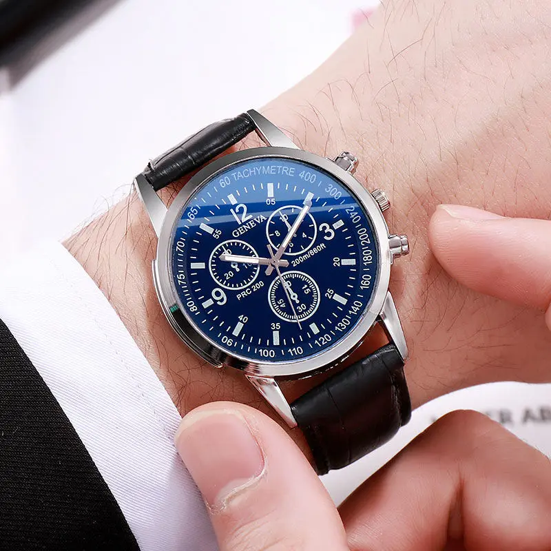 
Luxury Fashion Blue Ray Glass Three-eye Watch Leather Strap Waterproof Quartz Mens Watch for sport 