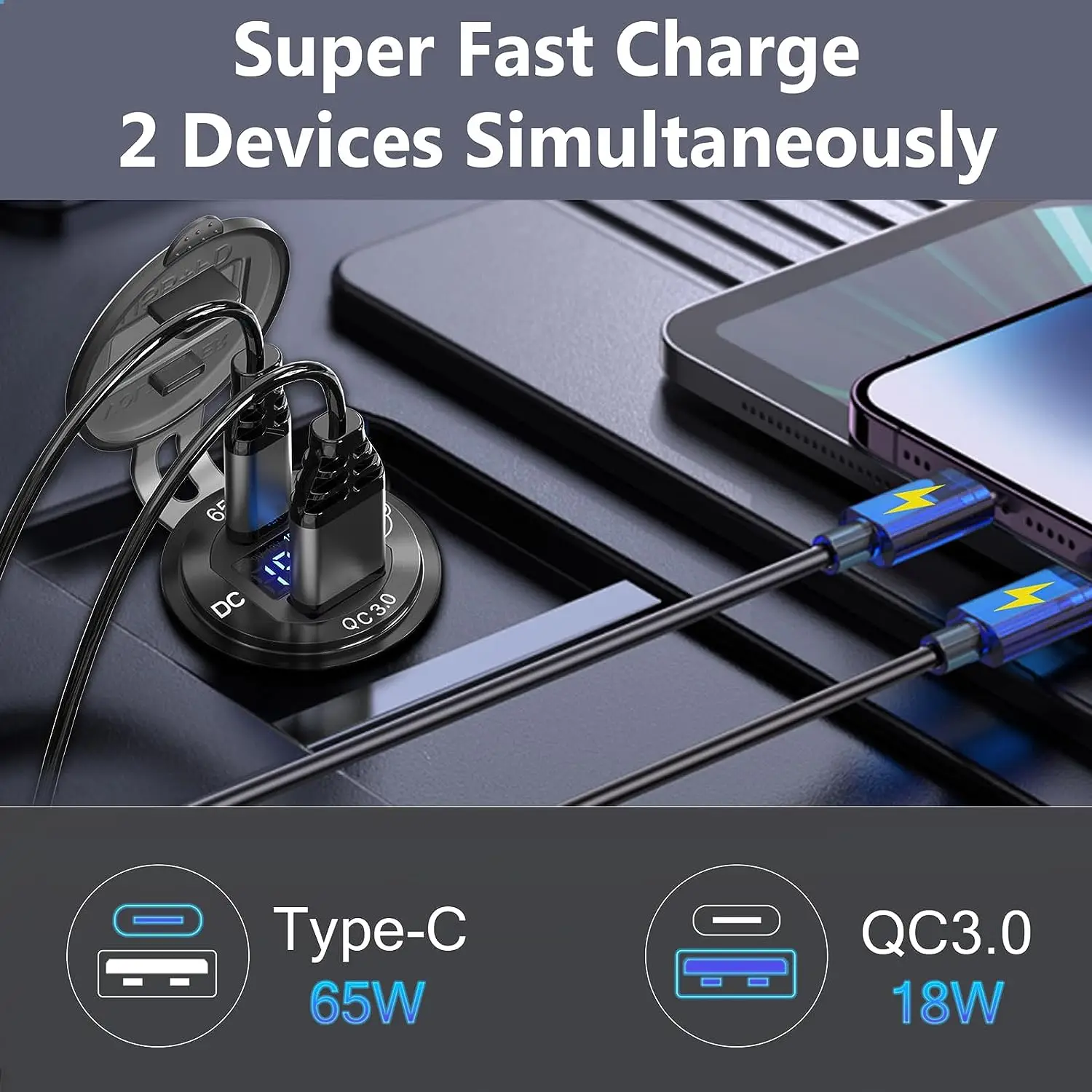 12V -24V  65W PD3.0 and 18W QC3.0 Car USB Port Aluminum Socket with Button Switch Smart Voltmeter and ammeter