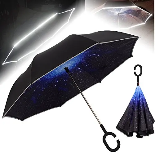 Safety Reflective Strip Led Lamp Reverse Inverted Umbrella Promotional Business Car Folding Umbrella