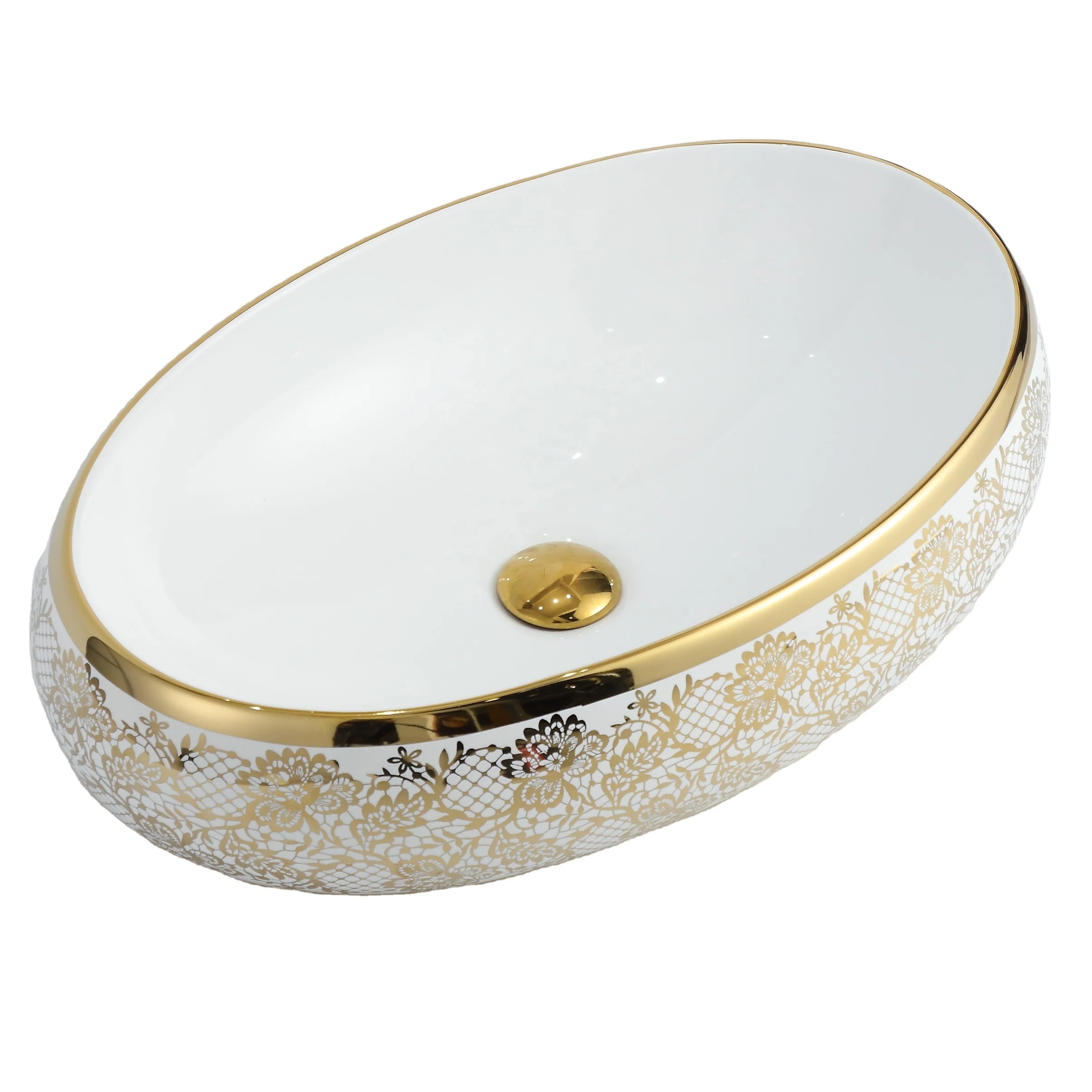 Bathroom Lavabo Golden Sink Wastafel Kamar Mandi Gold Luxury Hotel Vanity Basin Ceramic Art Wash Basin Countertop Vessel Sink