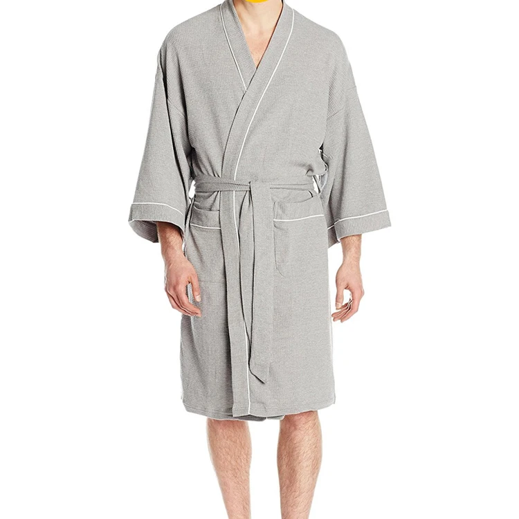 Custom 5 Star Hotel Logo Luxury Piped Trim Spa Bath Robe 100% Cotton Waffle Weave Bathrobe