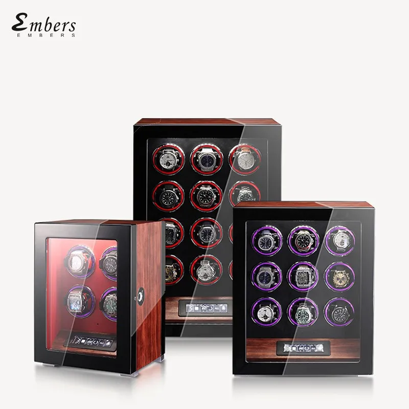 Automatic Watch winder 4 slots with fingerprints wooden  watch storage box vertical display case Led touch screen