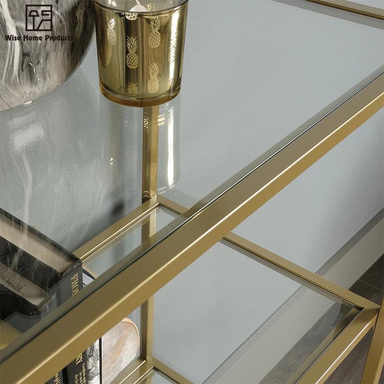 Modern 5 Shelf Vertical Tempered Glass Stainless Steel Gold Etagere Metal Bookcase