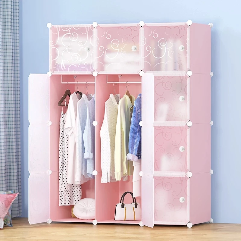 Pink Plastic Wardrobe Storage Box Cube Wardrobe Kids Assemble Plastic Portable Wardrobe Closet Organizer
