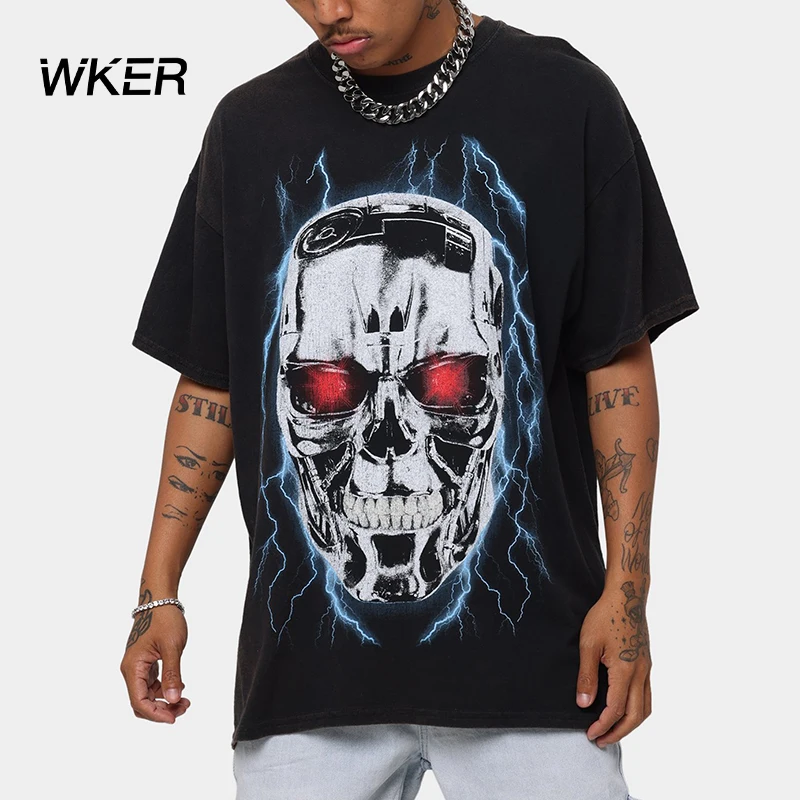WKER Customized Skull Graphic High Street Fashion Tee Terminator Print T-shirt